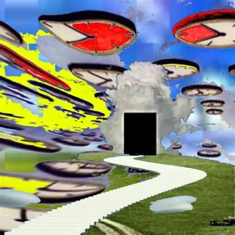 Campo com uma porta preta no fundo com vários relógios gigantes e distorcidos flutuando